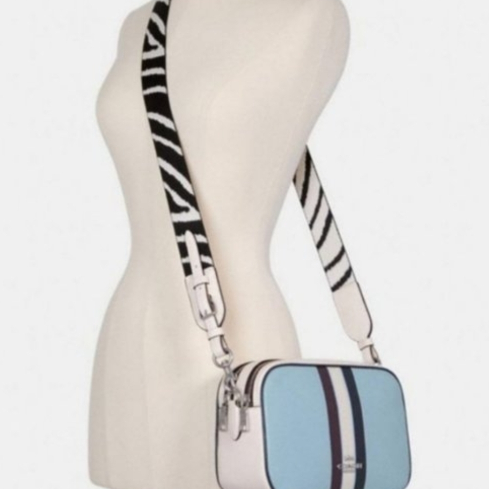 Coach Jes Camera Striped Pebbles Leather With Pebbled Leather Zebra Guitar Strap